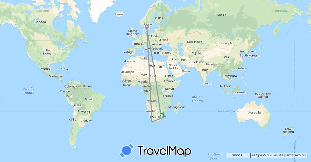 TravelMap itinerary: bus, plane in Denmark, Swaziland, South Africa (Africa, Europe)